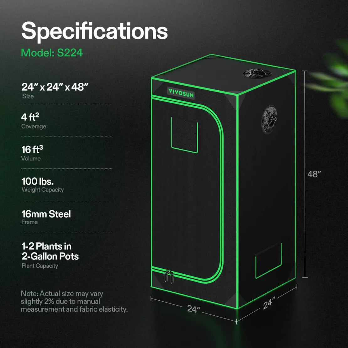 Vivosun Grow Tent 2x2 S224, 1-2 Plants Use, 600D Light-proof Oxford