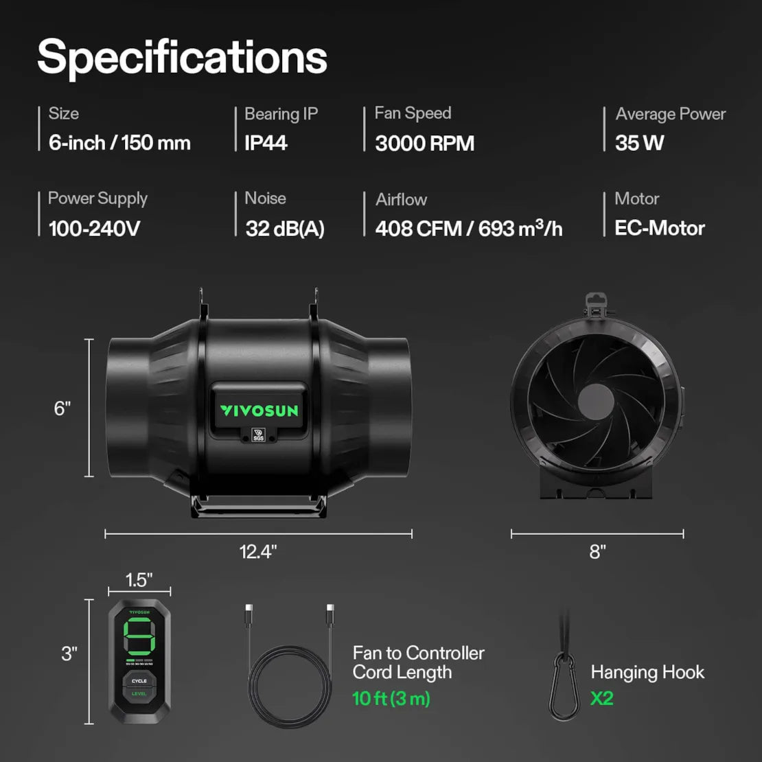 Vivosun AeroZesh T6 Inline Fan 6" with E12 Speed Controller, PWM-Controlled EC Fan for Grow Tent Ventilation