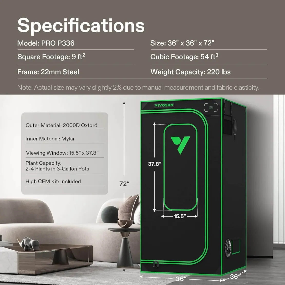 Vivosun Grow Tent Pro 3x3 P336, 2-4 Plants Use, Large Front Window