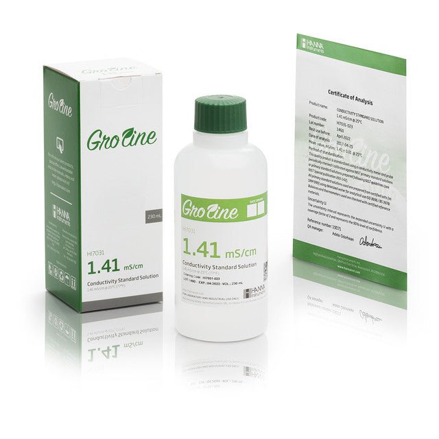 GroLine 1413 µS/cm Conductivity Standard with Certificate (230mL Bottle) - Green Thumb Depot