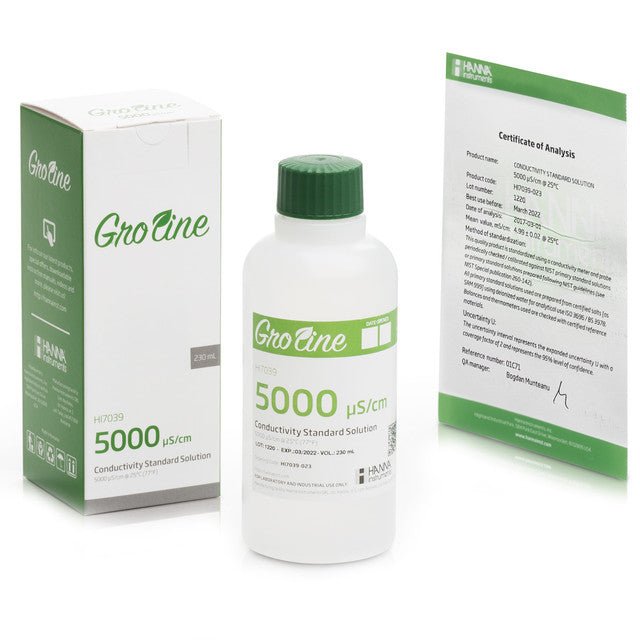 GroLine 5000 µS/cm Conductivity Standard with Certificate (230mL Bottle) - Green Thumb Depot