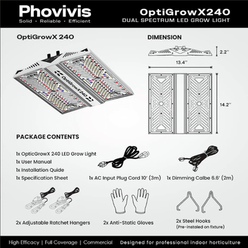 Phovivis OptiGrow X240 220W Full Spectrum LED Grow Light by