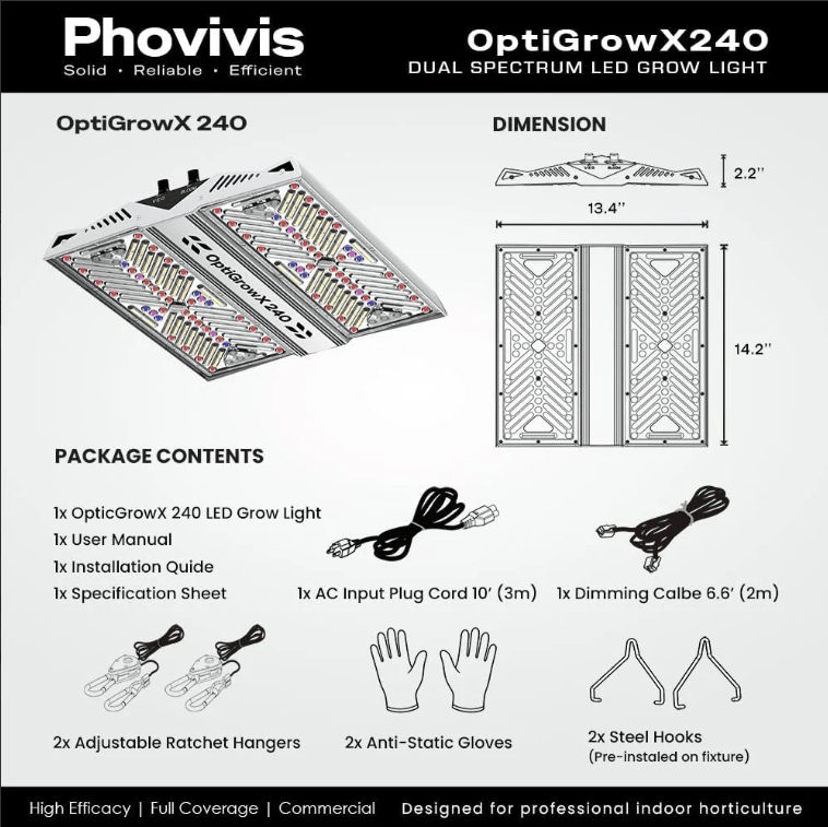 Hortibloom Phovivis OptiGrow X240 220W Full Spectrum LED Grow Light - Green Thumb Depot
