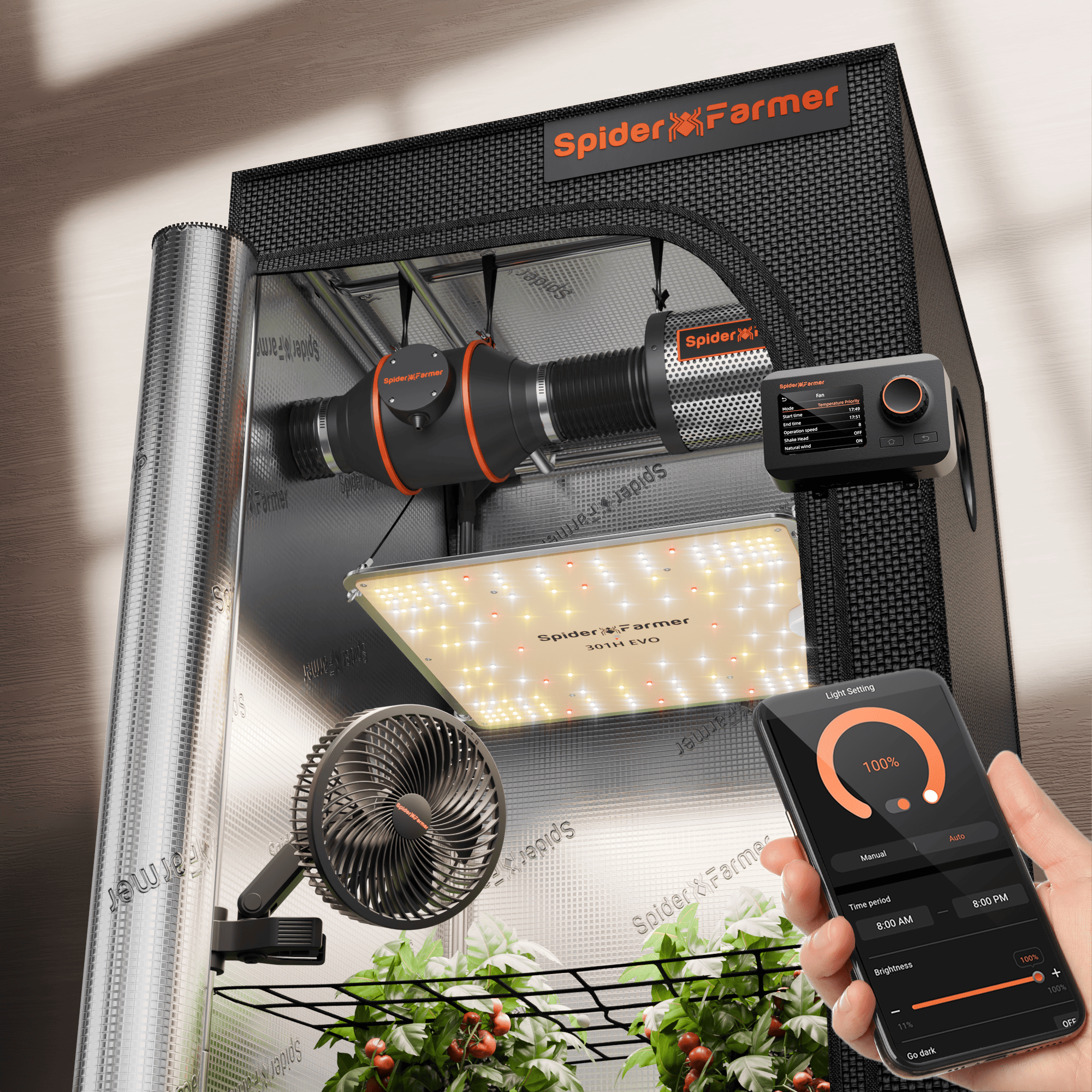 Spider Farmer 2’x2′ Complete Grow Tent Kit丨SF1000 301H EVO Full Spectrum LED Grow Light丨6” Clip Fan丨4” Ventilation System with Temperature Humidity Controller - Green Thumb Depot