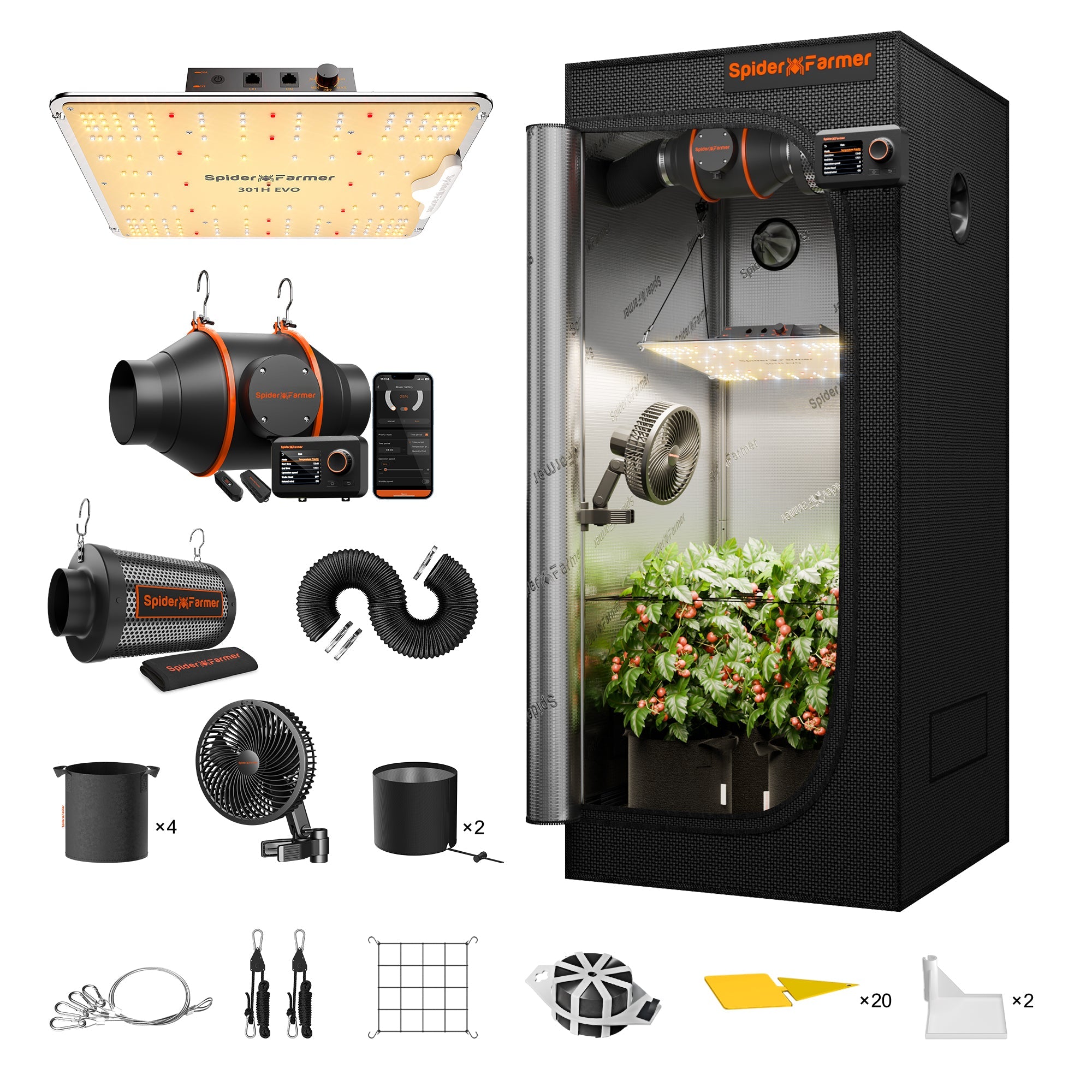 Spider Farmer 2’x2′ Complete Grow Tent Kit丨SF1000 301H EVO Full Spectrum LED Grow Light丨6” Clip Fan丨4” Ventilation System with Temperature Humidity Controller - Green Thumb Depot