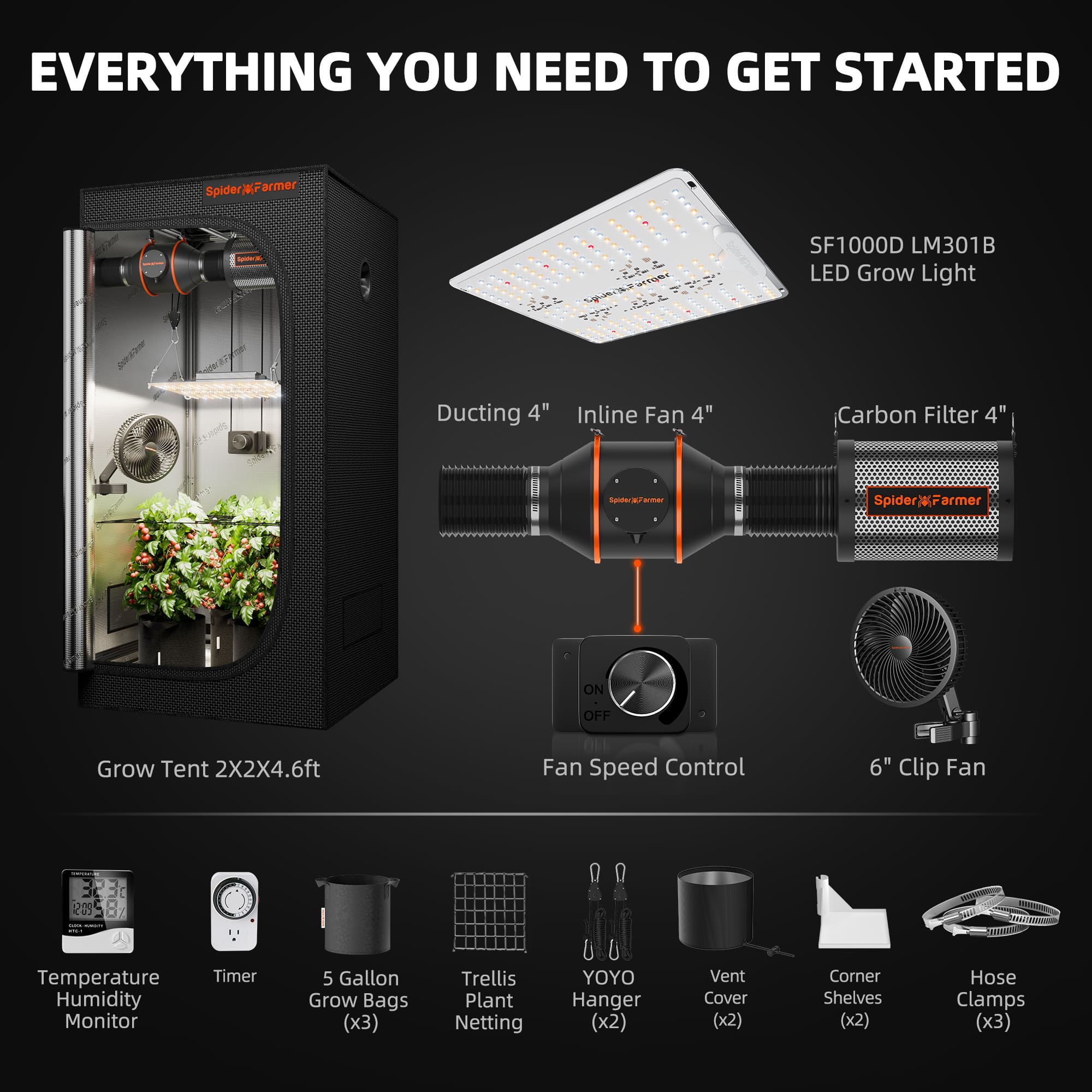 Spider Farmer 2’x2′X4.6′ Complete Grow Tent Kit丨SF1000D Full Spectrum LED Grow Light丨6” Clip Fan丨4” Ventilation System with Speed Controller - Green Thumb Depot