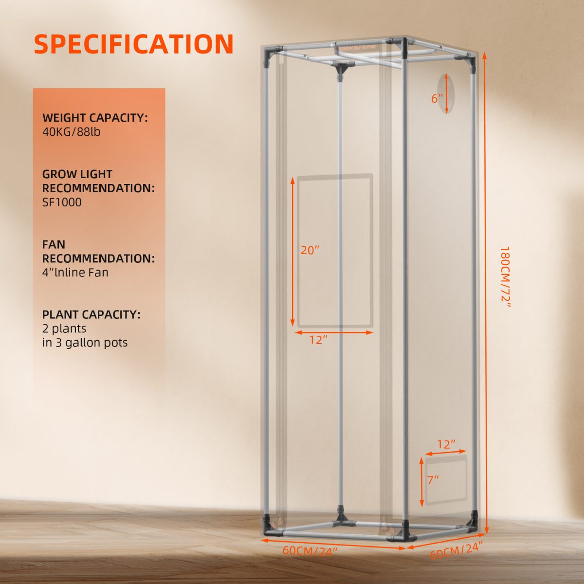 Spider Farmer 2’x2’x6′ 60cm x 60cm x 180cm Pro White Indoor Grow Tent 2000D Oxford Cloth Hydroponics Plant Growing Box - Green Thumb Depot