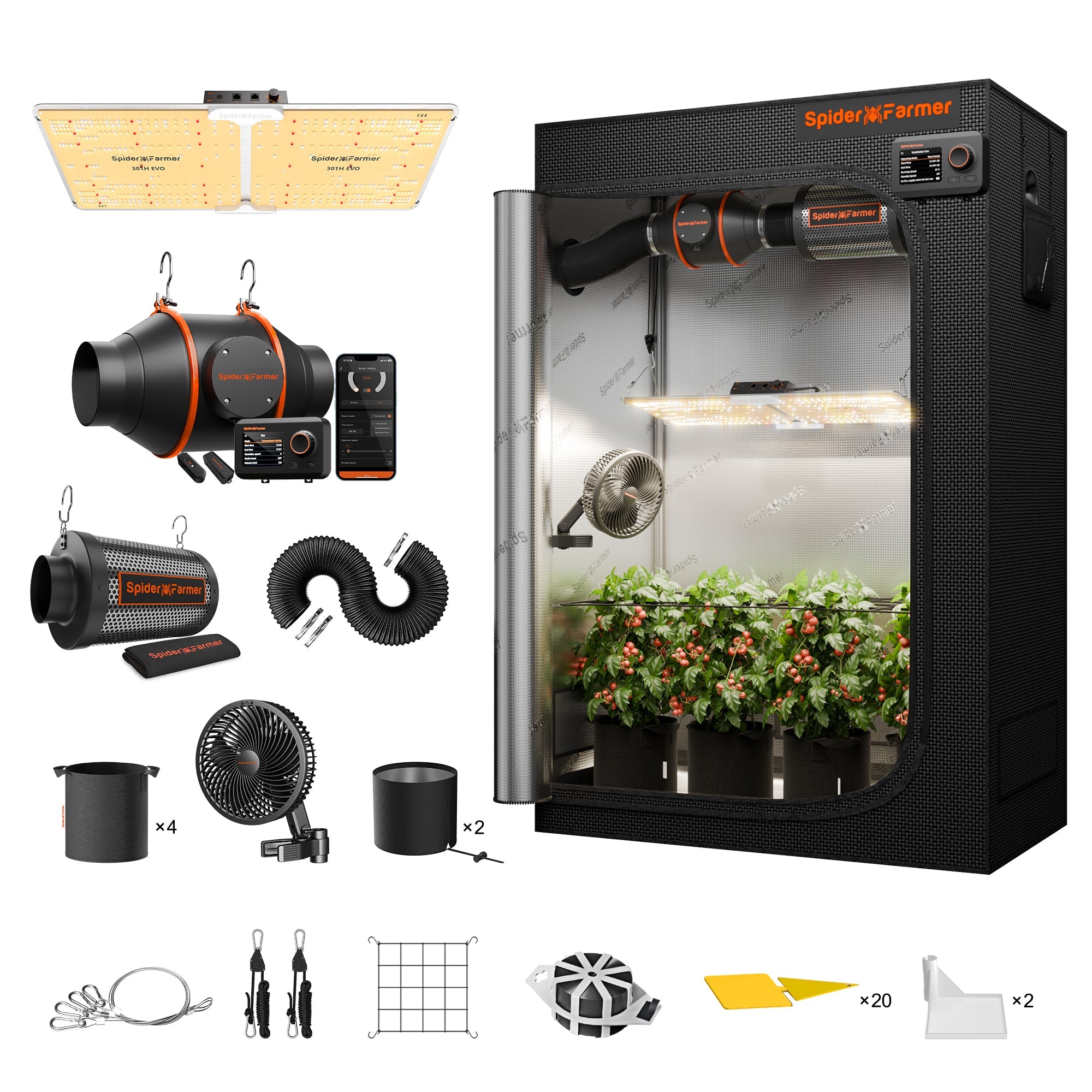 Spider Farmer 2’x4’ Complete Grow Tent Kit丨SF2000 301H EVO Full Spectrum LED Grow Light丨6” Clip Fan丨4” Ventilation System with Speed Controller - Green Thumb Depot