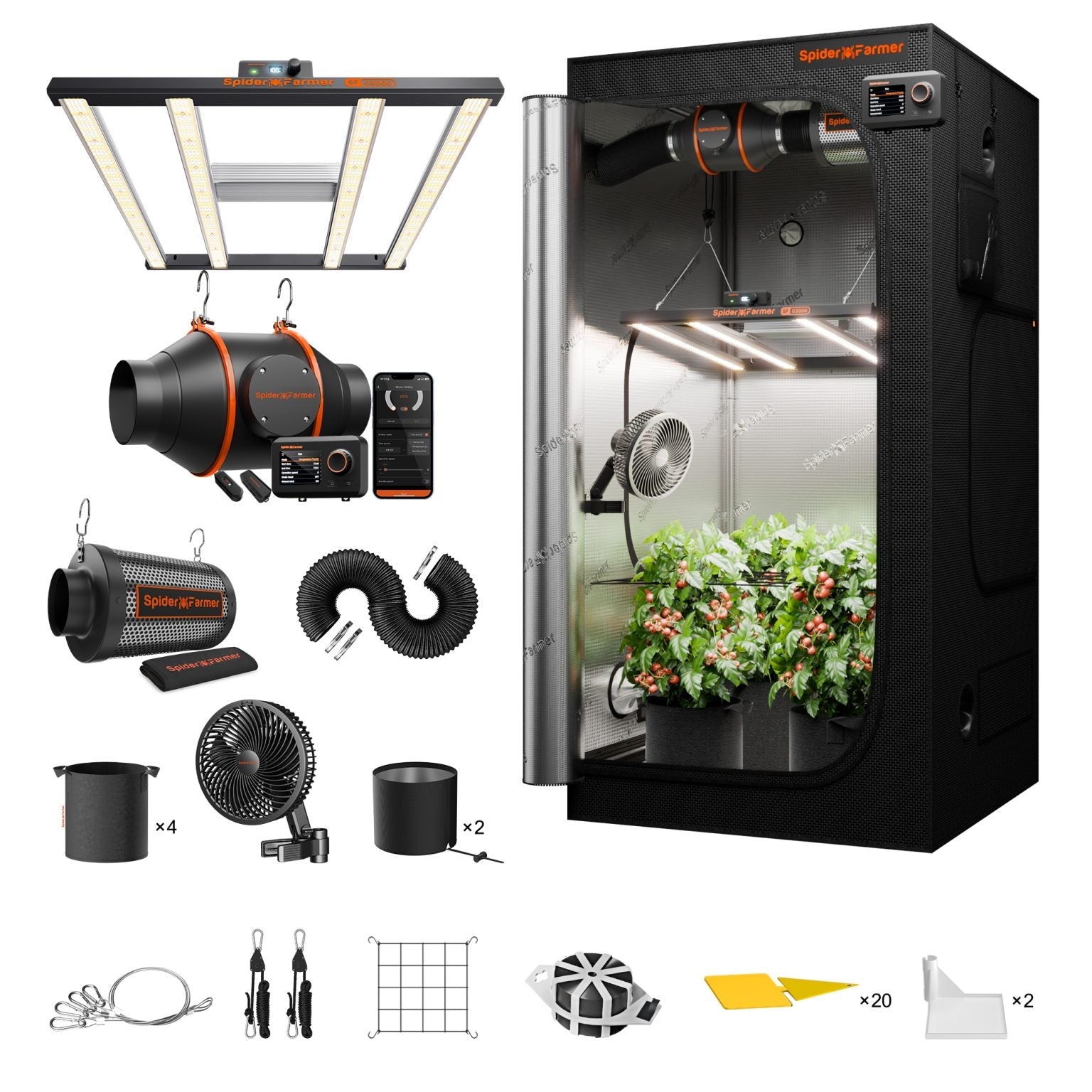 Spider Farmer 3×3′ Complete Grow Tent Kit丨G3000 WiFi & Bluetooth App - Controlled LED Grow Light丨6” Clip Fan丨4” Ventilation System with GGS Controller - Green Thumb Depot