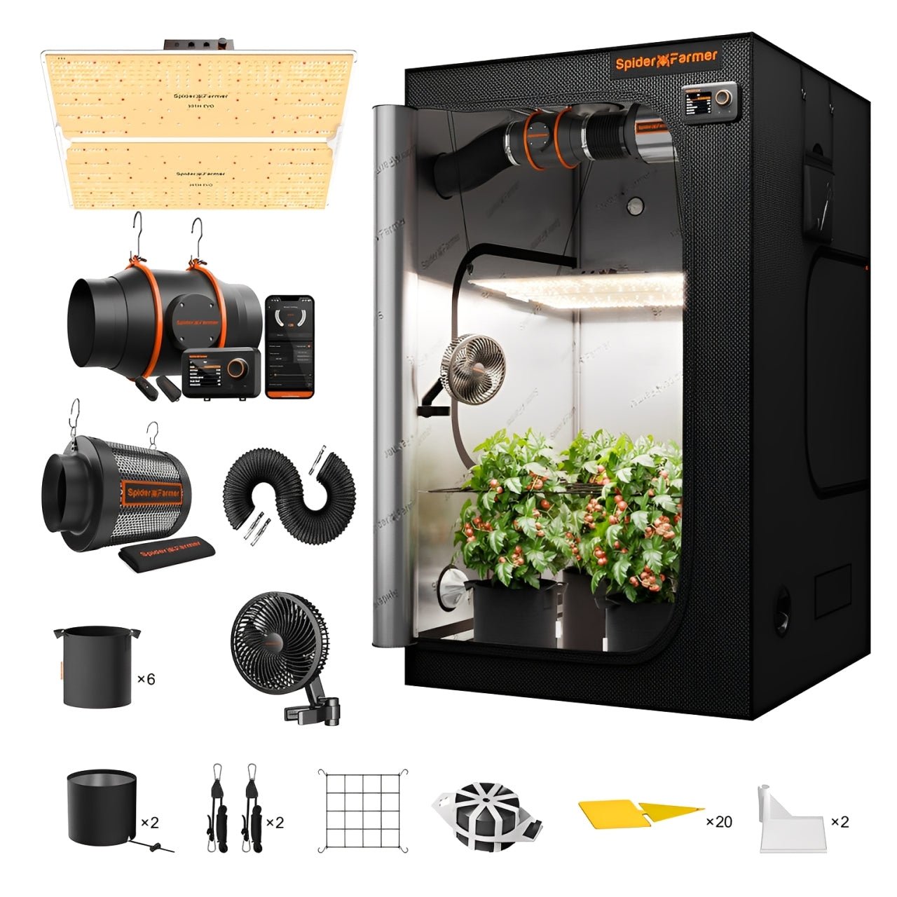 Spider Farmer 4‘x4‘x6.5‘Complete Grow Tent Kit丨SF4000 450W Full Spectrum LED Grow Light丨6” Ventilation System with Humidity and APP GGS Controller丨6” Clip Fan - Green Thumb Depot
