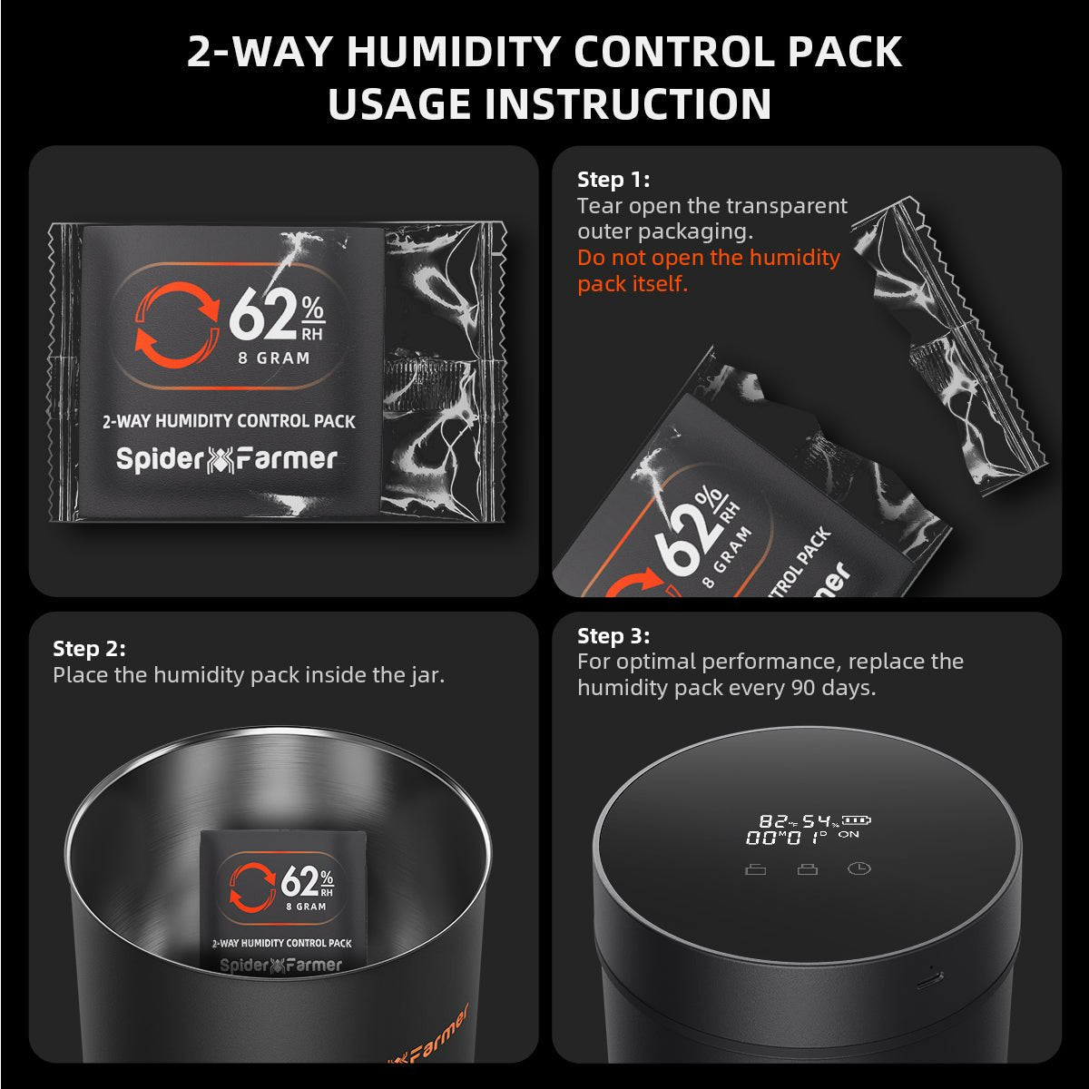 Spider Farmer 62% RH 8g 2 - Way Humidity Control Packs | 10 Packs | Each for Storing 1 oz | Moisture Balance for Herbs, Cigar, Food & Wood Products Fresh Storage | Great for Small Storage Containers, Mason jars - Green Thumb Depot