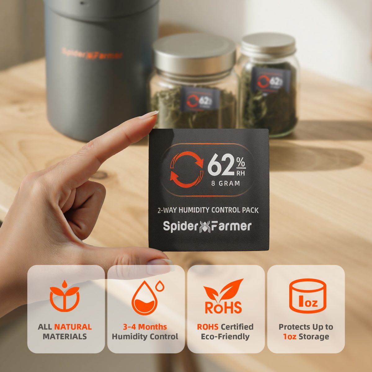 Spider Farmer 62% RH 8g 2 - Way Humidity Control Packs | 10 Packs | Each for Storing 1 oz | Moisture Balance for Herbs, Cigar, Food & Wood Products Fresh Storage | Great for Small Storage Containers, Mason jars - Green Thumb Depot