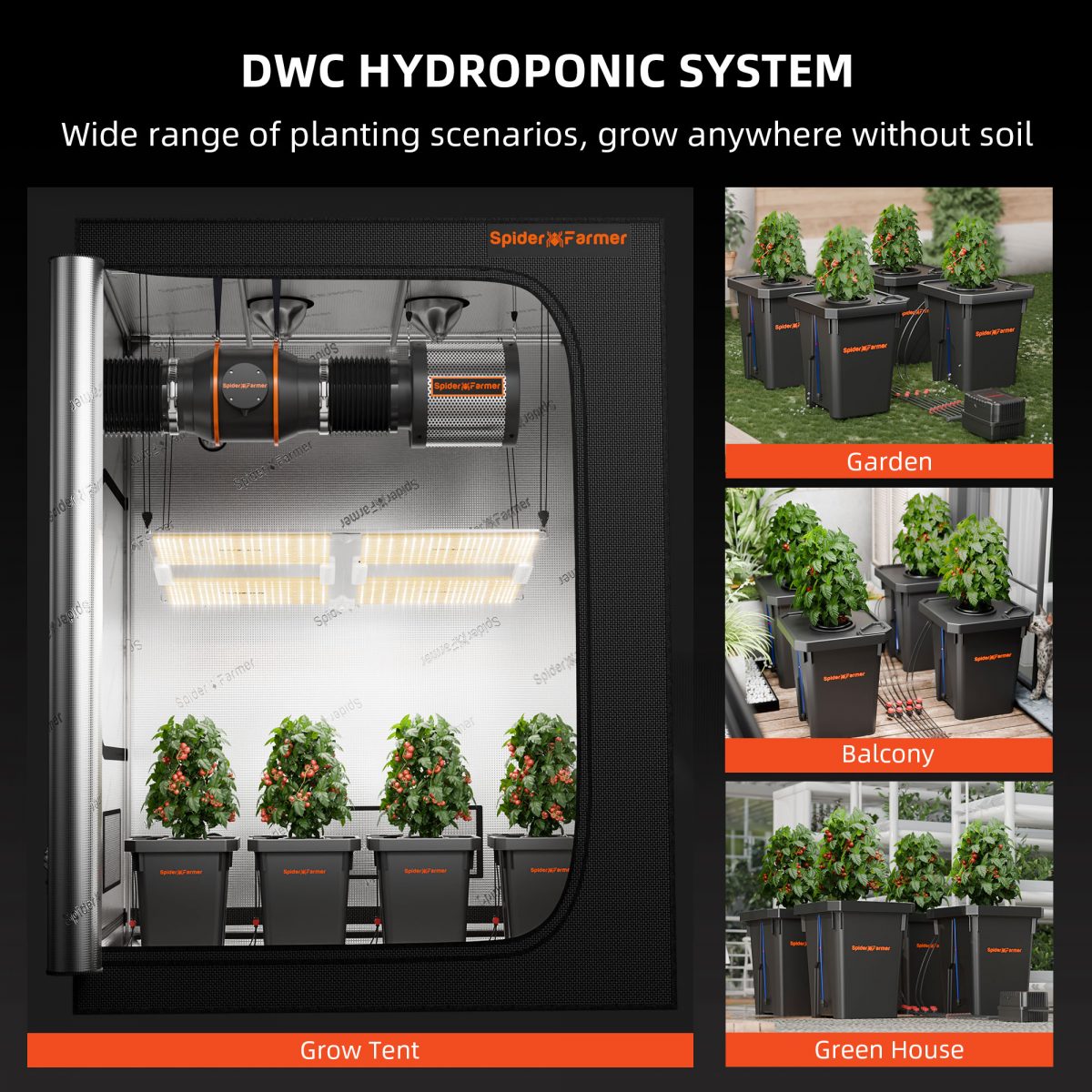 Spider Farmer DWC Hydroponics Grow System with Top Drip Kit 7 Gallon Deep Water Culture with 15W Air Pump 4 Buckets - Green Thumb Depot