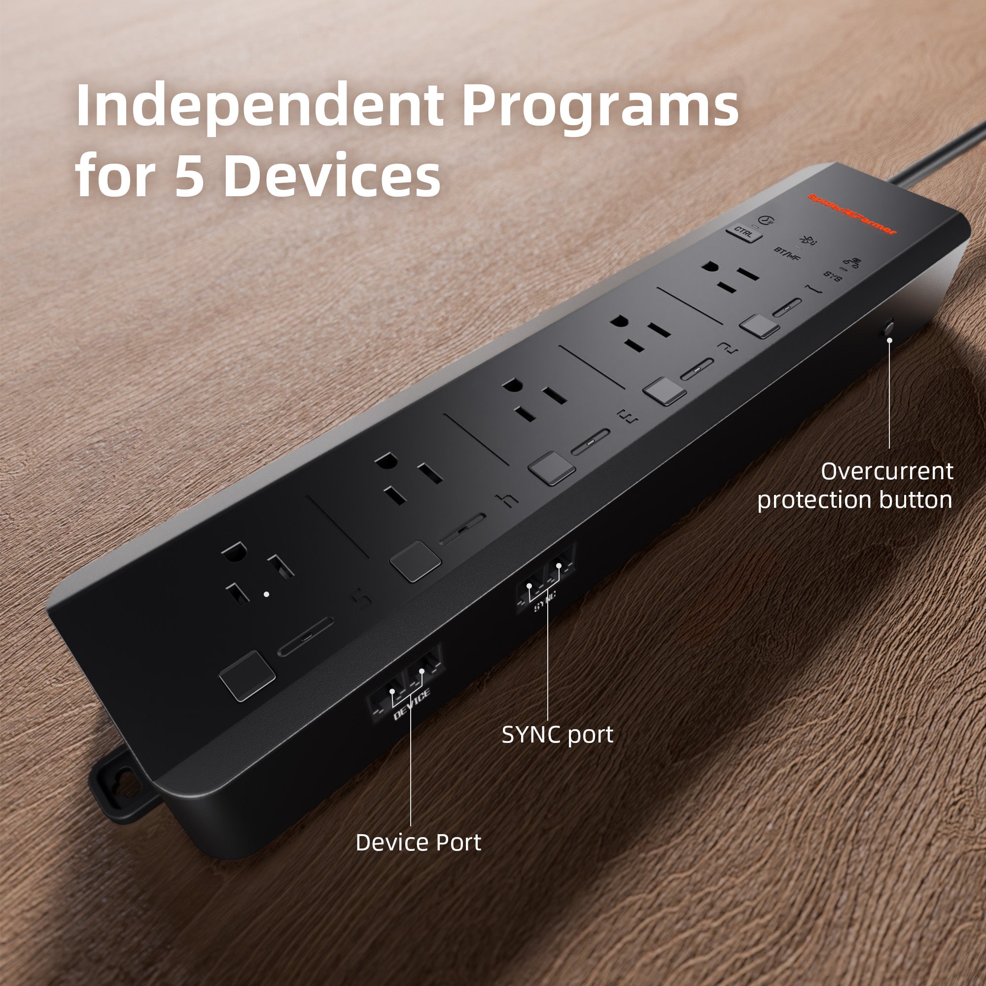 Spider Farmer GGS AC5 Power Strip with 5 Outlets for Grow Tent Climate Control, Featuring Temperature, Humidity, VPD Monitoring, Scheduling, Historical Data Tracking, Bluetooth & WiFi Connectivity