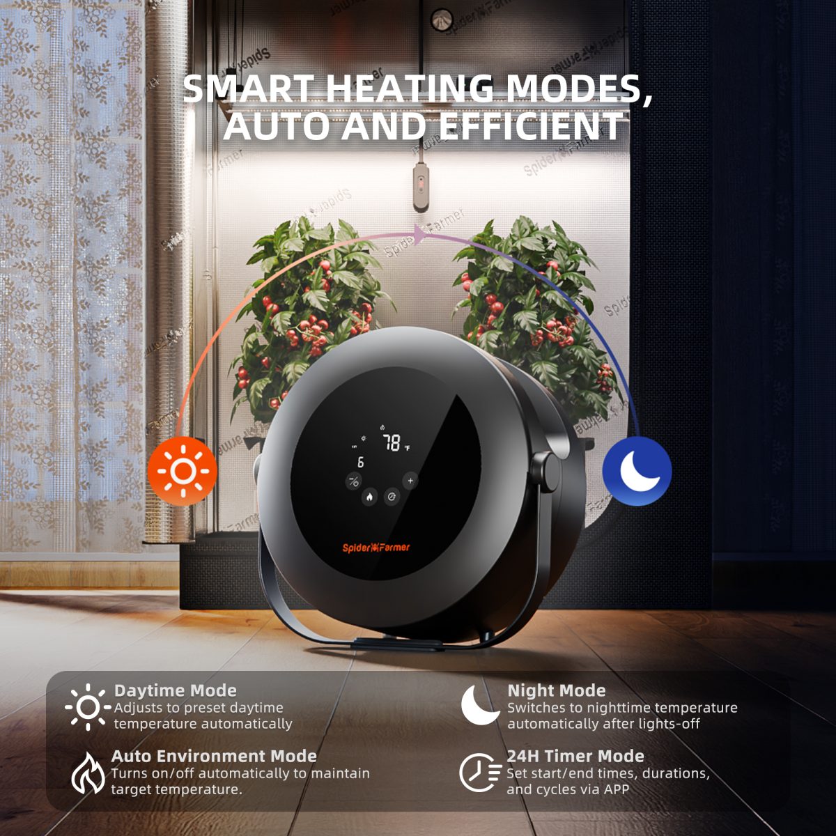 Spider Farmer Grow Tent Heater – Smart Temperature Control,10 - Level PTC Heating,Day/Night Auto Settings,24H Timer, Safe Indoor Plant Heater for Grow Rooms - Green Thumb Depot