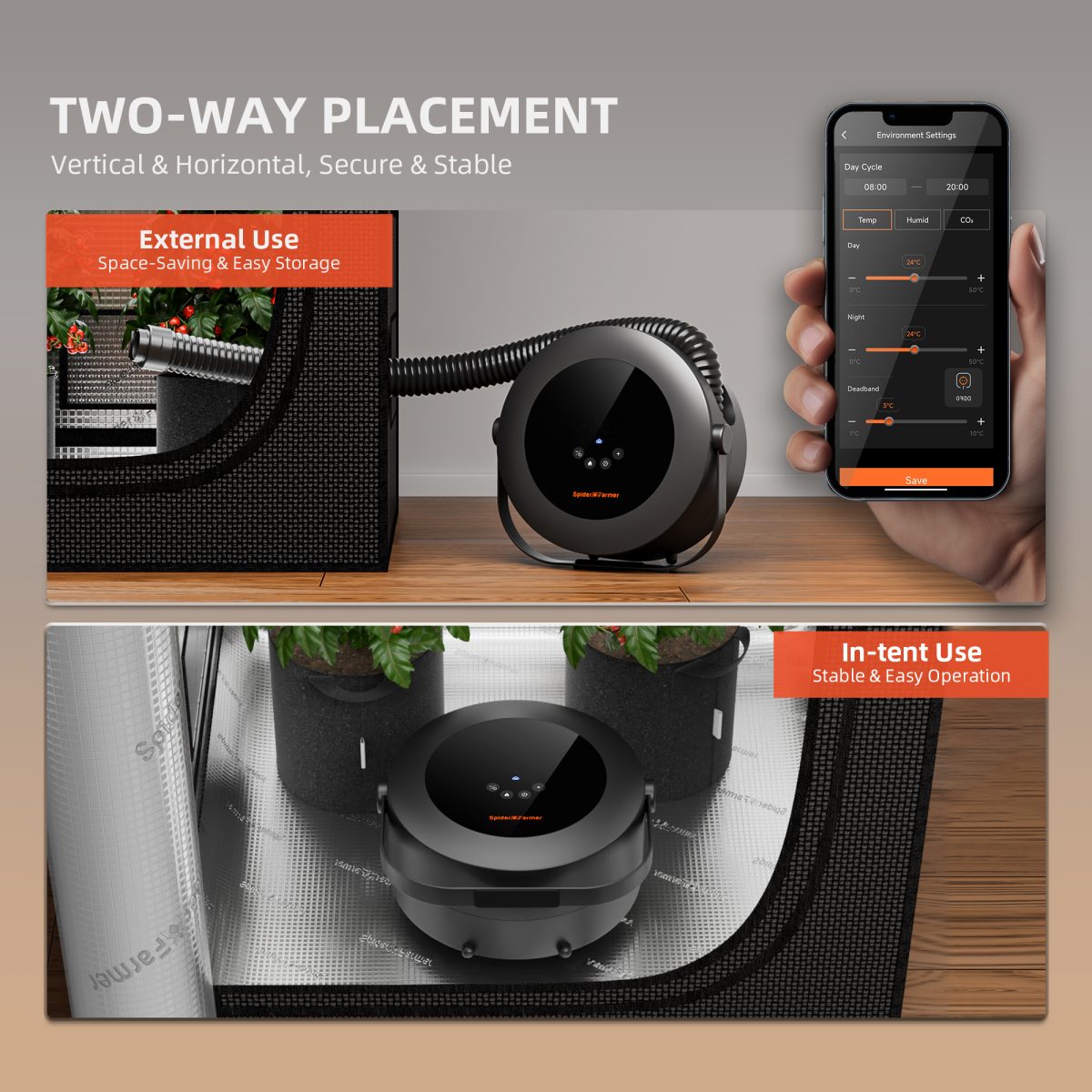 Spider Farmer Grow Tent Heater – Smart Temperature Control,10 - Level PTC Heating,Day/Night Auto Settings,24H Timer, Safe Indoor Plant Heater for Grow Rooms - Green Thumb Depot