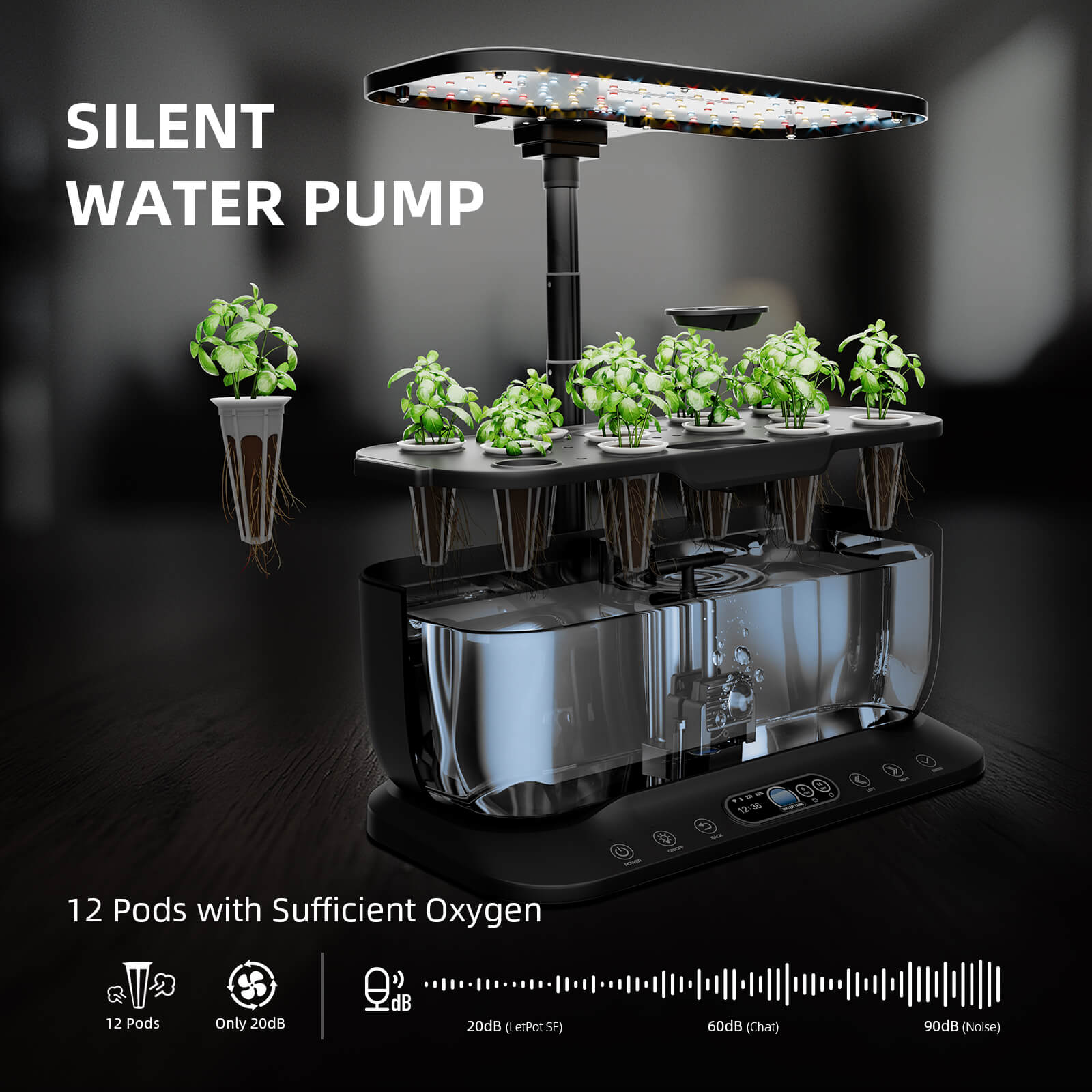 Spider Farmer SmartG12 Hydroponic Gardening System Kit, APP & Wifi Controlled, 36W LED Grow Light, 12 Pods Indoor Herb Garden, 6L Water Tank - Green Thumb Depot