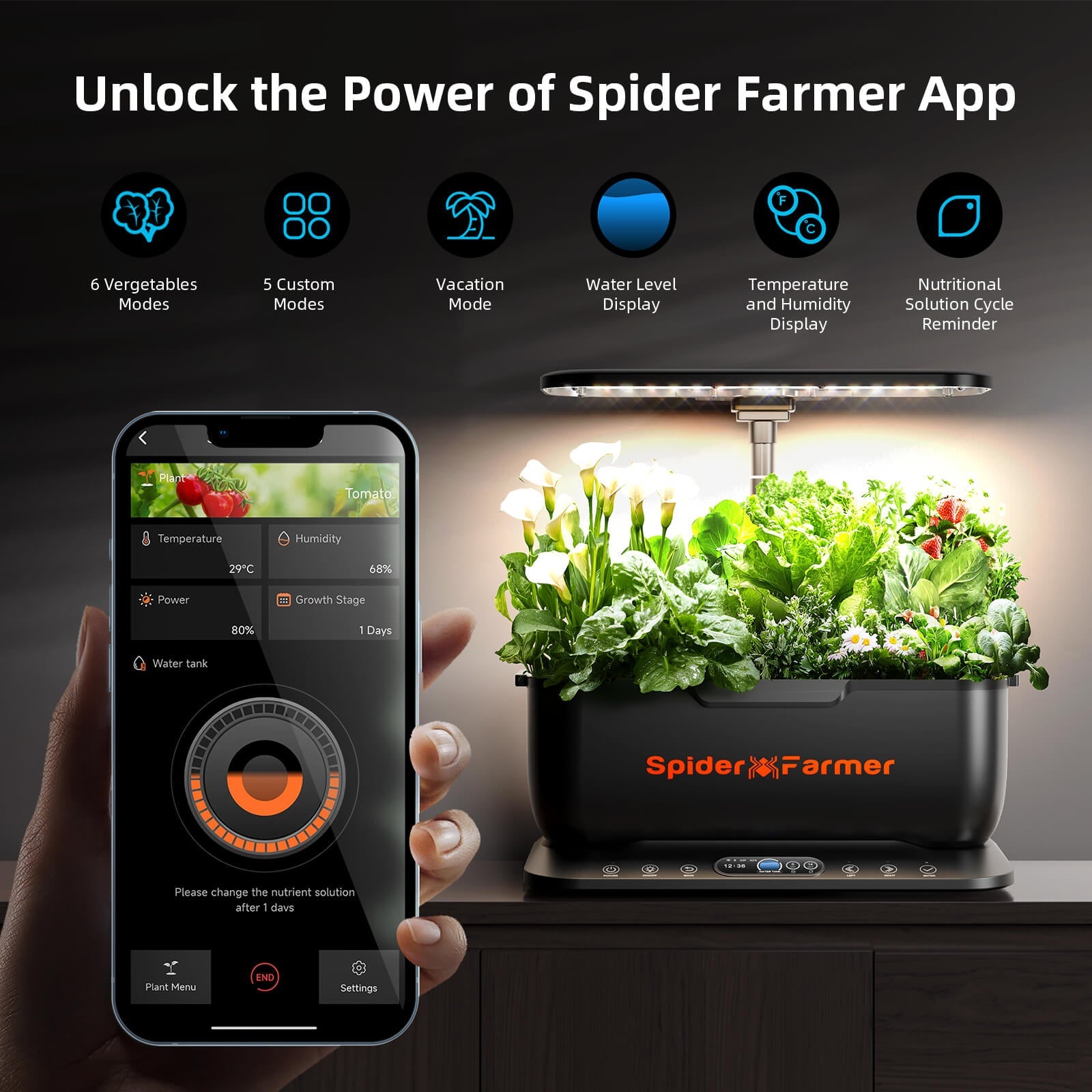 Spider Farmer SmartG12 Hydroponic Gardening System Kit, APP & Wifi Controlled, 36W LED Grow Light, 12 Pods Indoor Herb Garden, 6L Water Tank - Green Thumb Depot