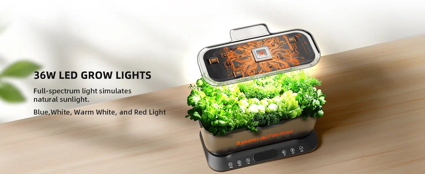 Spider Farmer SmartG12 Hydroponic Gardening System Kit, APP & Wifi Controlled, 36W LED Grow Light, 12 Pods Indoor Herb Garden, 6L Water Tank - Green Thumb Depot