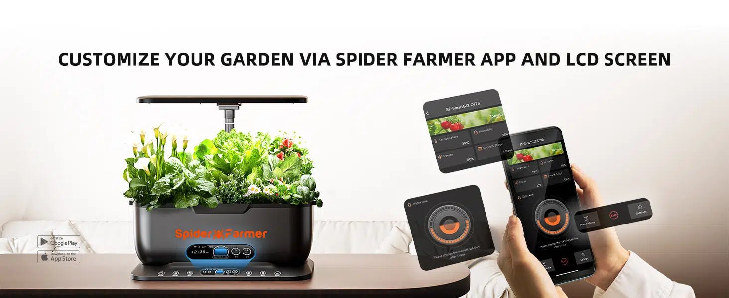 Spider Farmer SmartG12 Hydroponic Gardening System Kit, APP & Wifi Controlled, 36W LED Grow Light, 12 Pods Indoor Herb Garden, 6L Water Tank - Green Thumb Depot