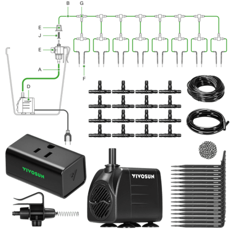 Vivosun FlexFeed Automatic Drip Irrigation Kit for Indoor & Outdoor Plants, Smart Watering System with 16 Drip Emitters, 4mm Fast Flow, App-Controlled A10 GrowHub, Quiet 15W Pump
