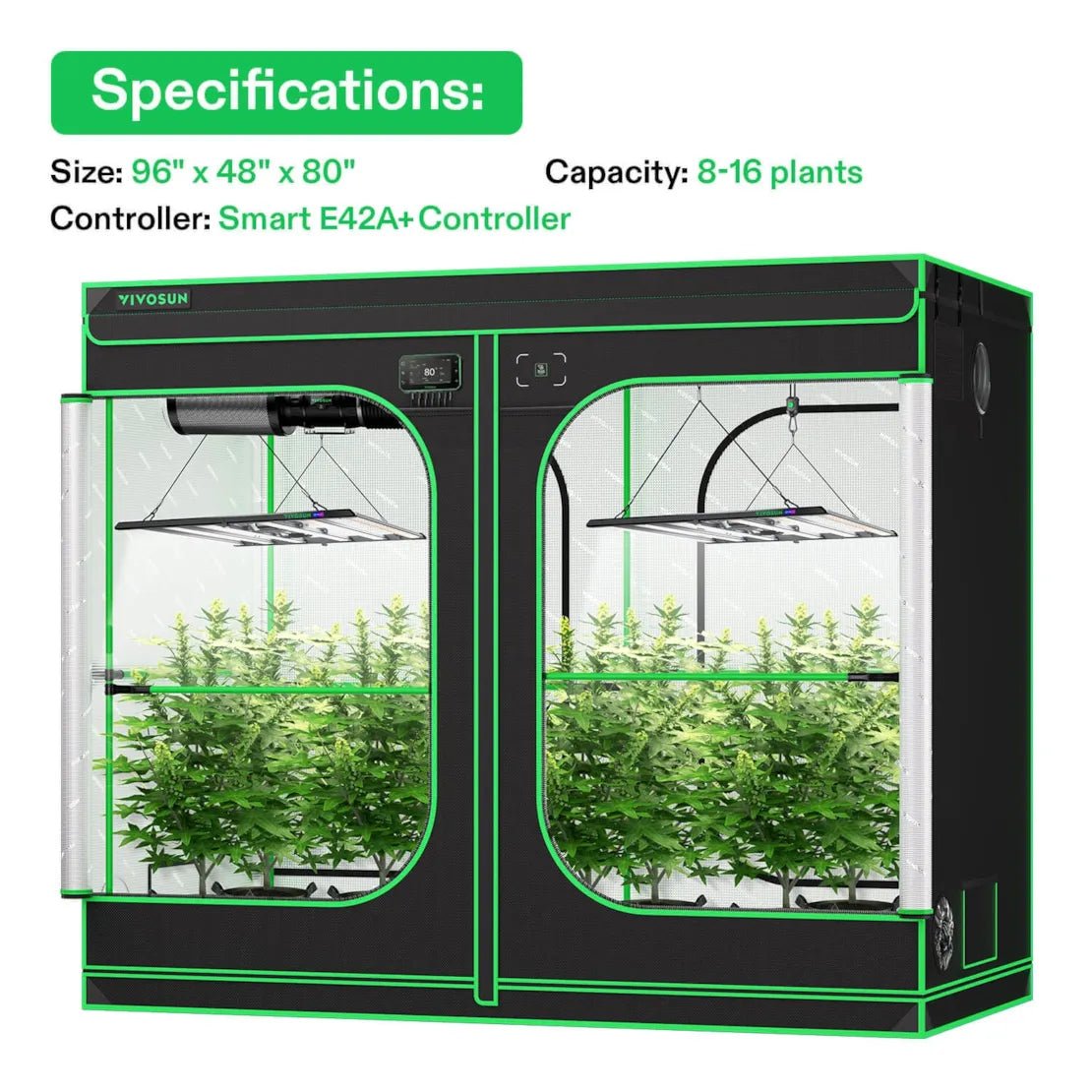 Vivosun Smart Grow Tent Kit Pro 4x8, 8 - Plant Complete System, with WiFi E42A+ Controller, 2x 500W LumaLight LED Grow Light, and 8 - inch AeroZesh T8 Ventilation Combo - Green Thumb Depot