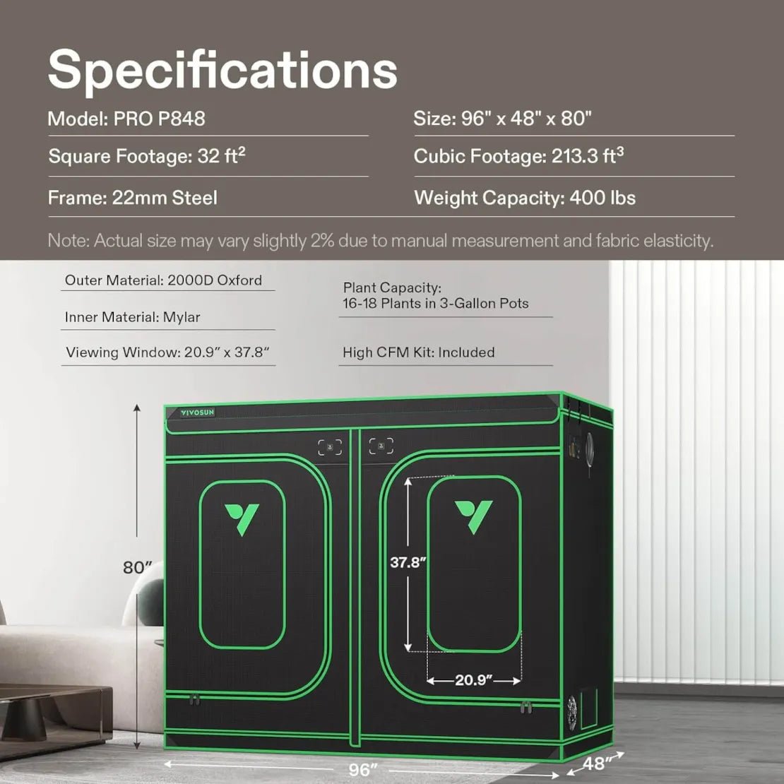 Vivosun Smart Grow Tent Kit Pro 4x8, 8 - Plant Complete System, with WiFi E42A+ Controller, 2x 500W LumaLight LED Grow Light, and 8 - inch AeroZesh T8 Ventilation Combo - Green Thumb Depot