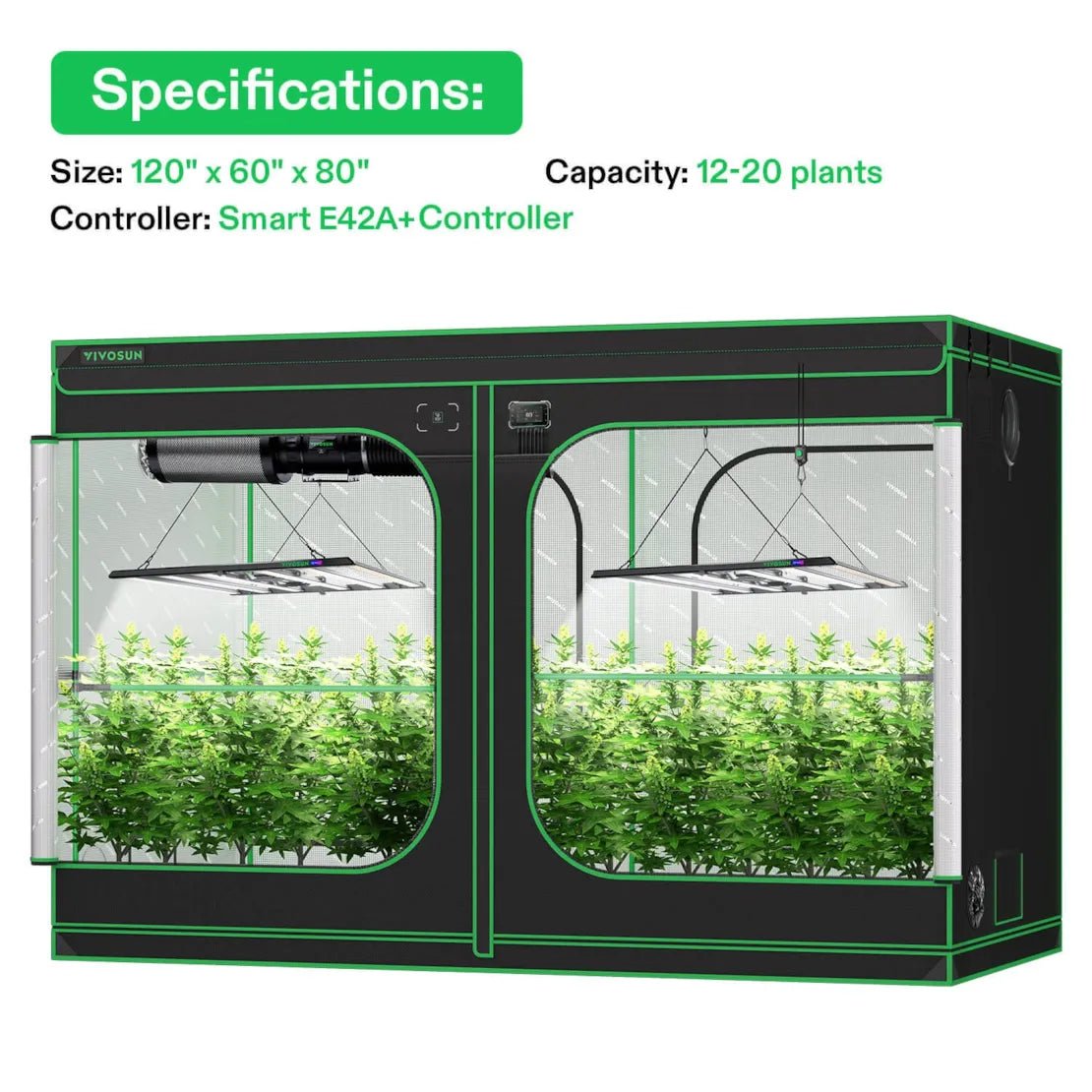 Vivosun Smart Grow Tent Kit Pro 5x10, 12 - Plant Complete System, with WiFi E42A+ Controller, 2x 750W LumaLight LED Grow Light, and 8 - inch AeroZesh T8 Ventilation Combo - Green Thumb Depot