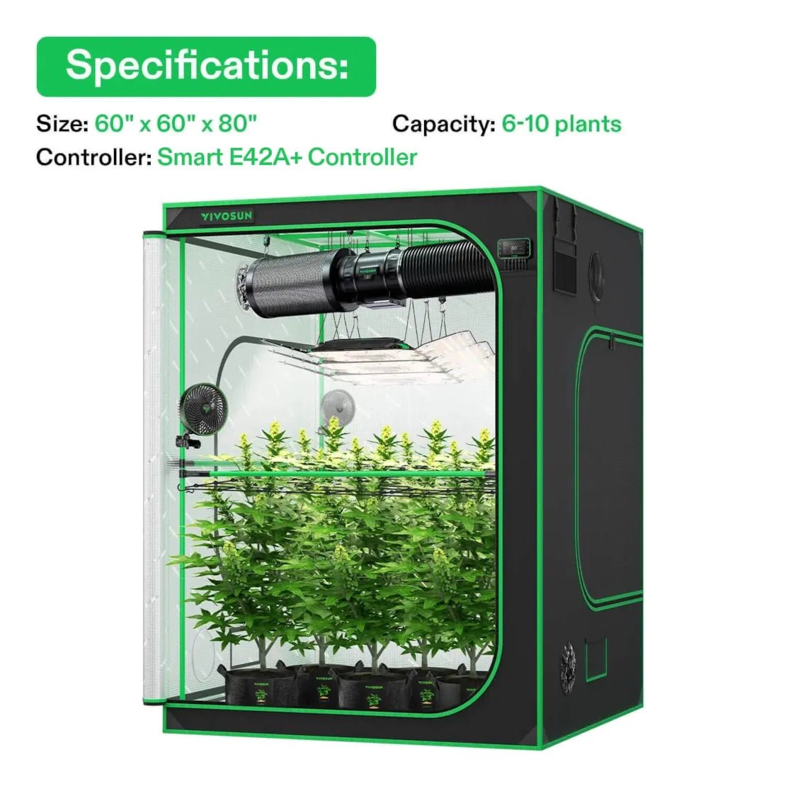 Vivosun Smart Grow Tent Kit Pro 5x5, 6 - Plant Complete System, with WiFi E42A+ Controller, 3x 200W AeroLight Wing LED Grow Light, 8 - inch AeroZesh T8 Ventilation Combo, and 2x AeroWave E6 Gen2 Clip - on Fan - Green Thumb Depot