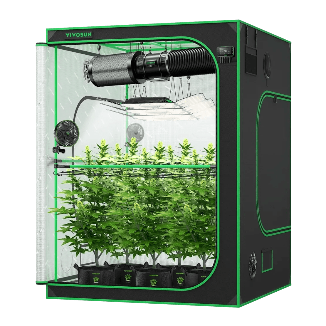 Vivosun Smart Grow Tent Kit Pro 5x5, 6 - Plant Complete System, with WiFi E42A+ Controller, 3x 200W AeroLight Wing LED Grow Light, 8 - inch AeroZesh T8 Ventilation Combo, and 2x AeroWave E6 Gen2 Clip - on Fan - Green Thumb Depot