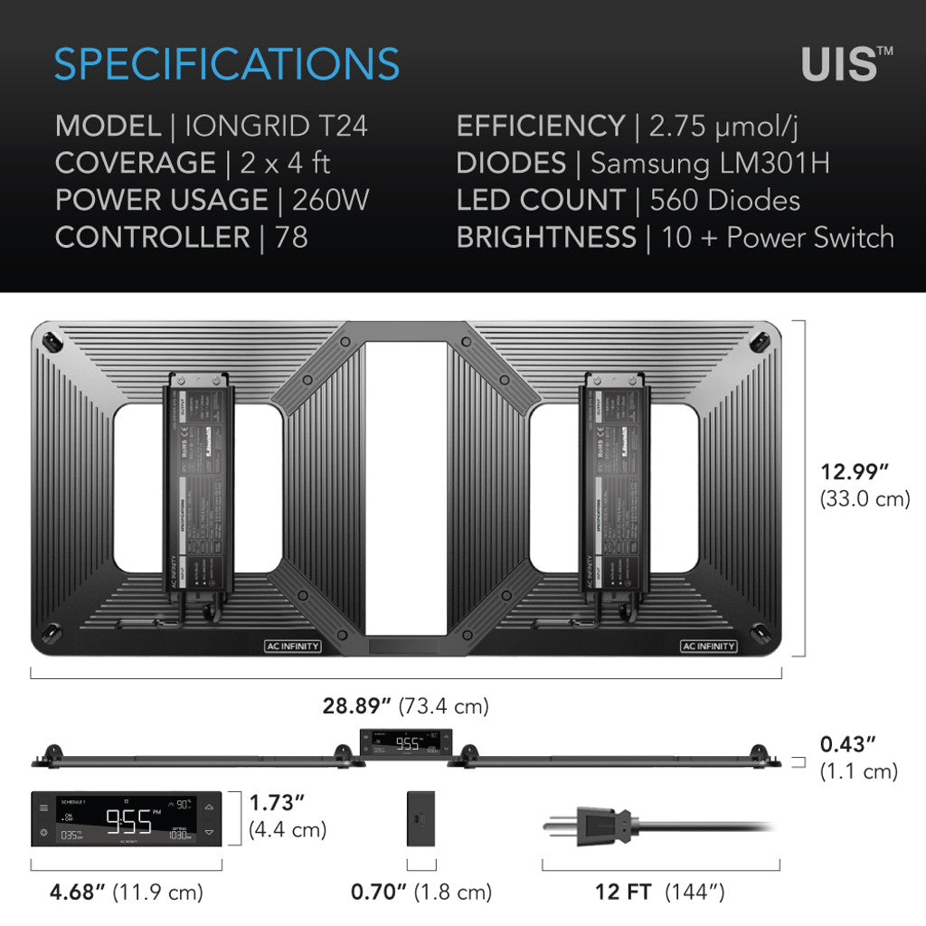 IONGRID T24, FULL SPECTRUM LED GROW LIGHT 260W, SAMSUNG LM301H, 2X4 FT. COVERAGE - Green Thumb Depot