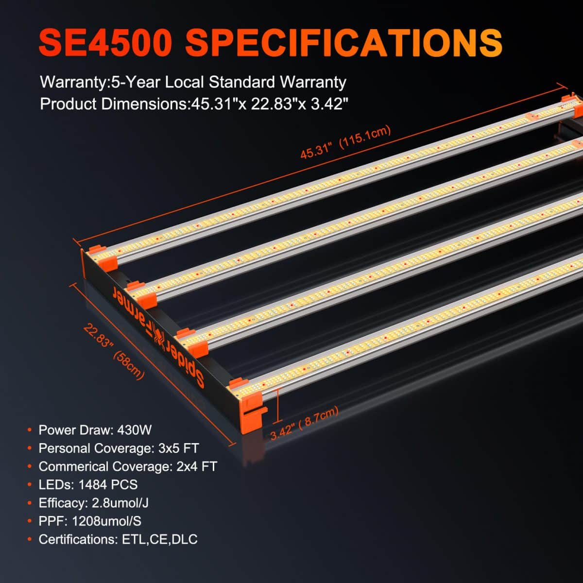 Spider Farmer® SE4500 430W LED Grow Light Dimmable Full Spectrum - Green Thumb Depot